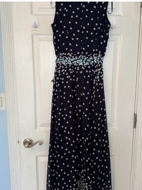 R&K Navy Polka Dot Maxi Dress with Teal Sash